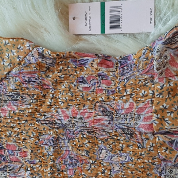 Nanette Lepore Burnt Orange Floral Print Ruched Ruffle Bottom Top, Large, NWT - Picture 2 of 12